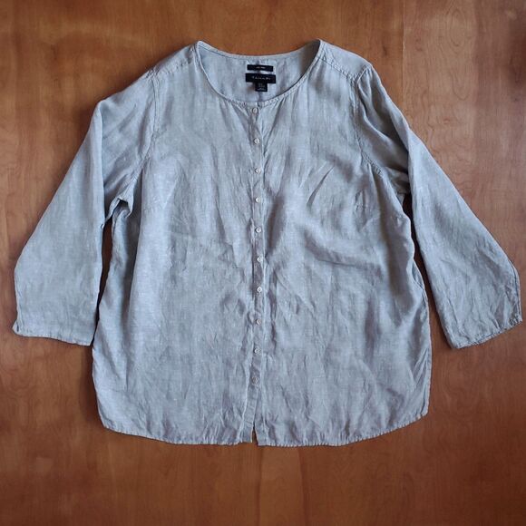 Tahari 100% Linen Tunic Top Sz 2X Button Front Roll Tab Sleeve Light Sage Green - Picture 4 of 9